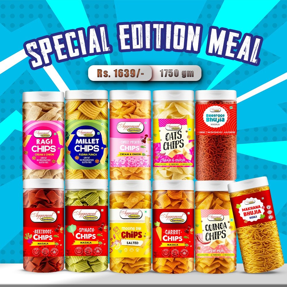 Special Edition Meal combo pack by Aggarwal Namkeen featuring bhujia, aloo bhujia, chips and assorted Indian namkeen snacks