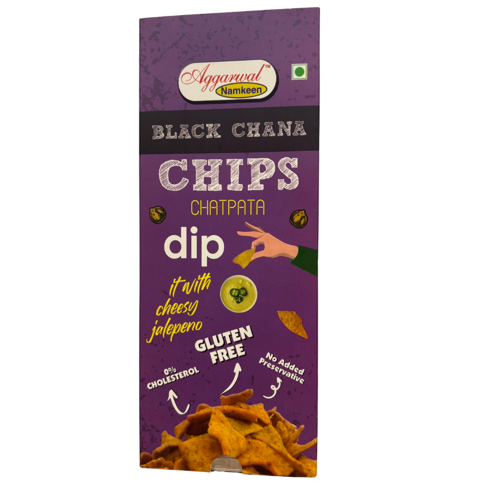 Black chana chips with chatpata dip and cheesy jalapeno flavor by Aggarwal Namkeen, gluten free healthy snack