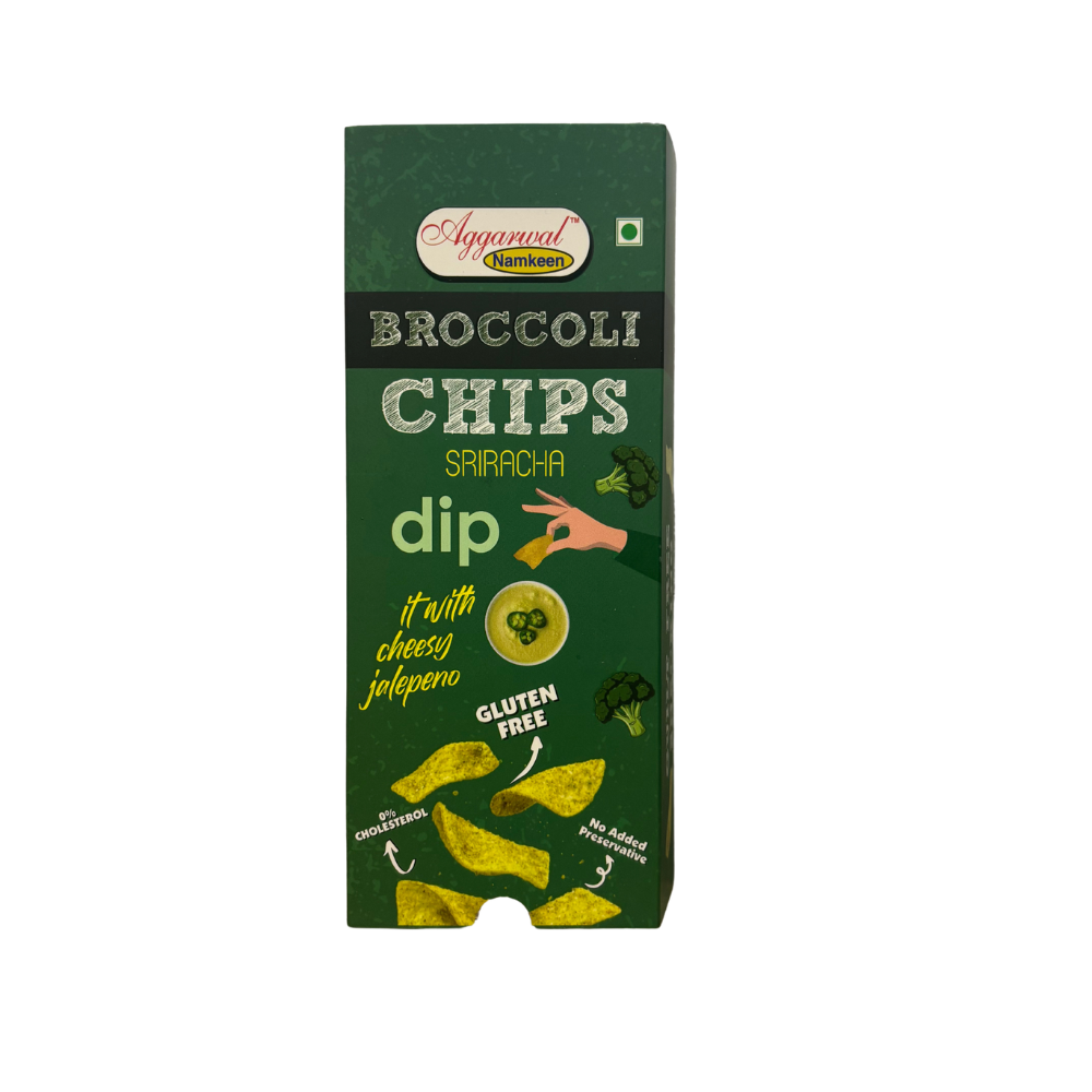 Agarwal Namkeen broccoli chips sriracha dip gluten free snack with cheesy jalapeno flavor packaging