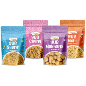 Aggarwal Namkeen Healthy Gur Variety Snack Combo Pack of 4 Jaggery Coated Snacks (490g)
